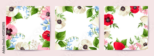 Set of floral cards with red, white, pink, and blue poppy, bluebell, and lily-of-the-valley flowers. Greeting or invitation card design