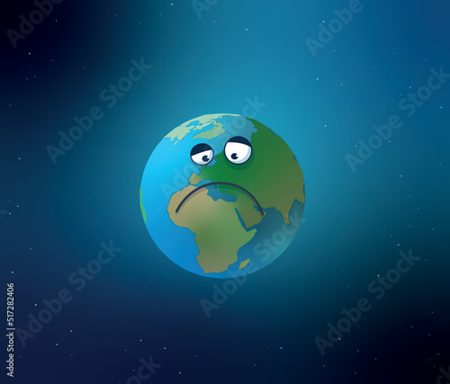 Illustration vectorielle représentant la planète terre à la façon d'un personnage de bande dessinée. Elle est triste à cause du réchauffement climatique