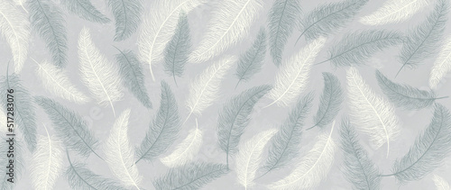 Art background with white and gray feathers. Hand drawn drawing for decoration design, print, wallpaper, textile, interior design.
