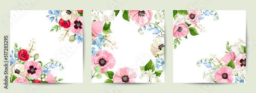 Set of floral cards with pink, white, red, and blue poppy, bluebell, forget-me-not, and lily-of-the-valley flowers. Greeting or invitation card design