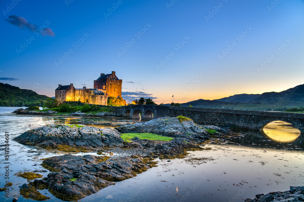 Eilean Donan Castle at dusk in Scotland