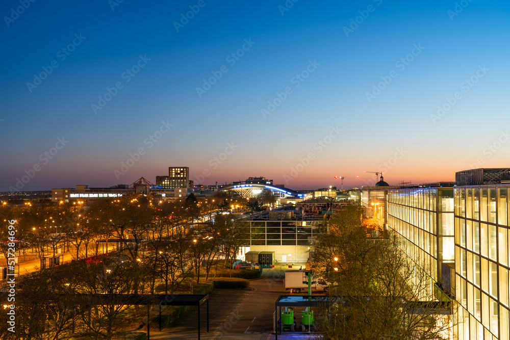 Aerial view of Milton Keynes downtown at sunset. England
