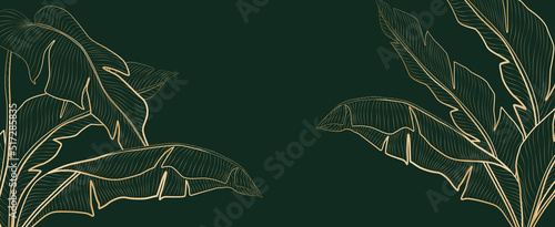Luxury art background with tropical leaves in golden line style. Hand drawn botanical banner for wallpaper design, print, decor, invitation.