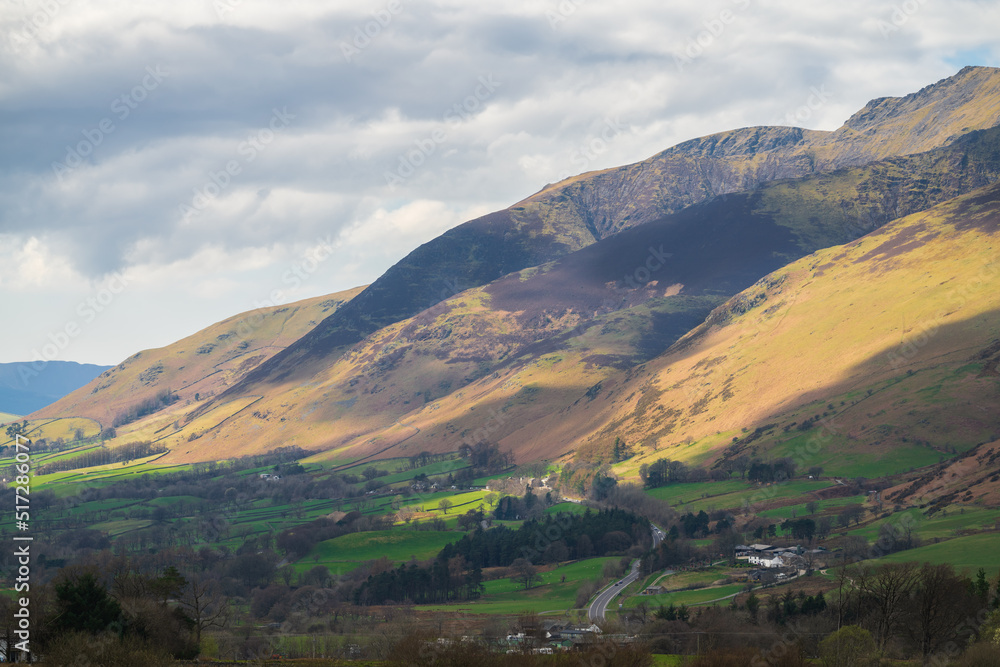 Valley of Blencathra Hill peaks in Lake District. Cumbria, England