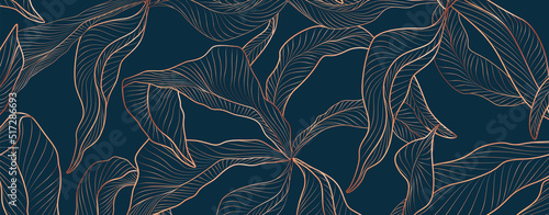 Abstract botanical art background with tropical leaves in gold and copper line style. Natural hand drawn pattern for wallpaper design, decor, print, interior design.