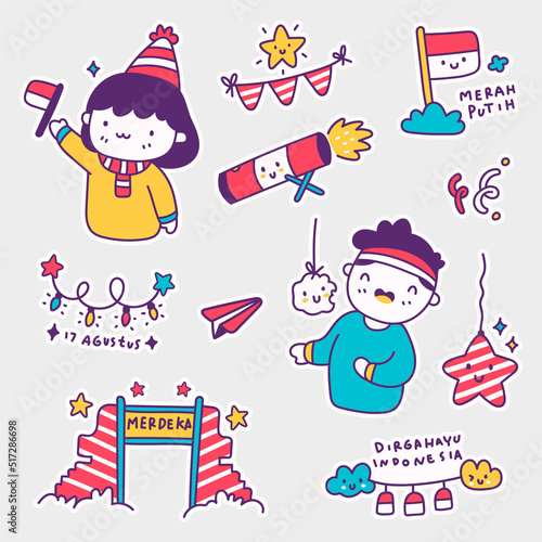Sticker set Indonesia Independence day in doodle style, Merdeka is Independence, merah putih is red white, Dirgahayu is celebration, Agustus is August 