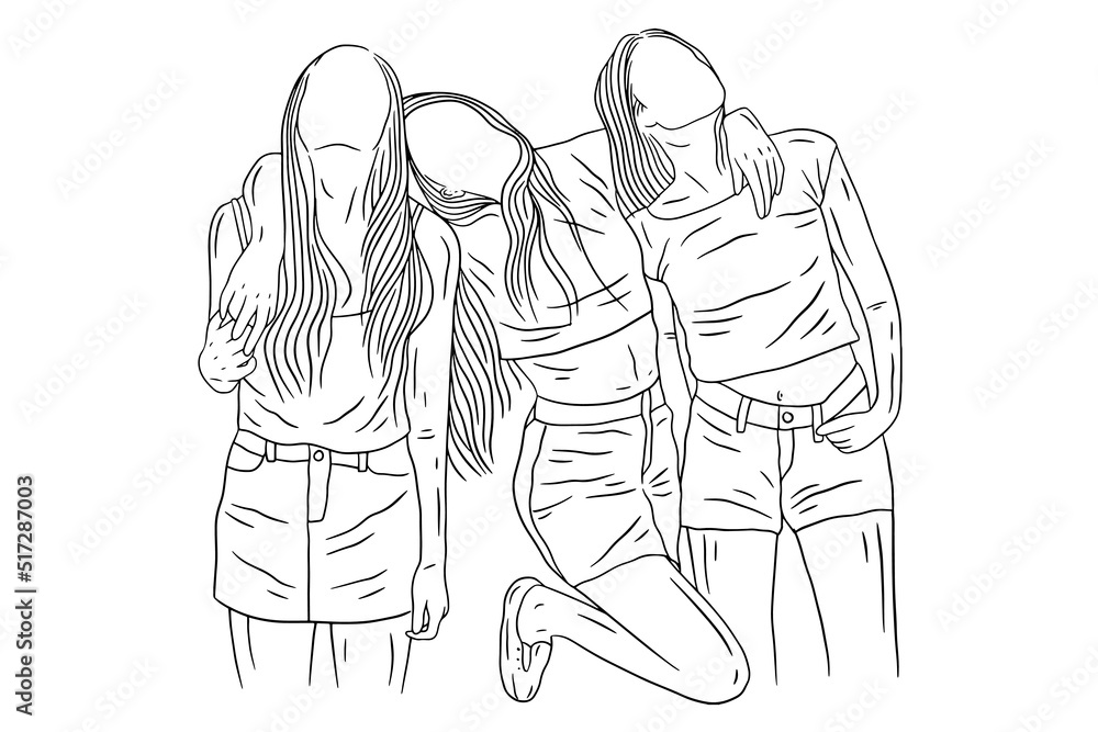 Happy Women group Girl Best Friend love line art hand drawn style