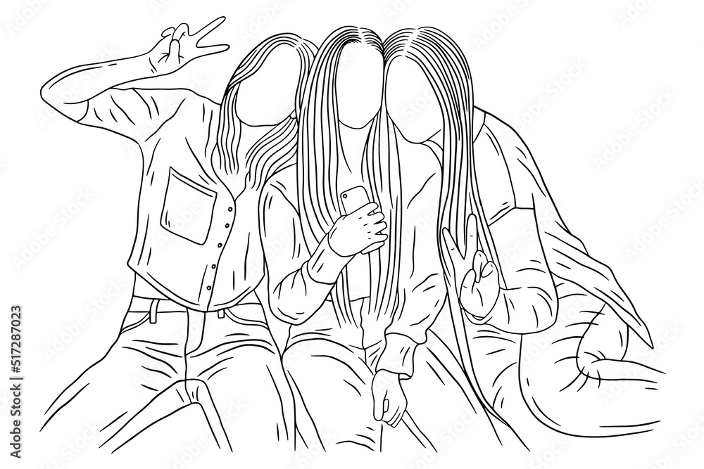 Happy Women group Girl Best Friend love line art hand drawn style illustration