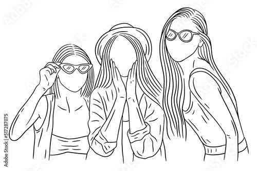 Happy Women group Girl Best Friend love line art hand drawn style illustration