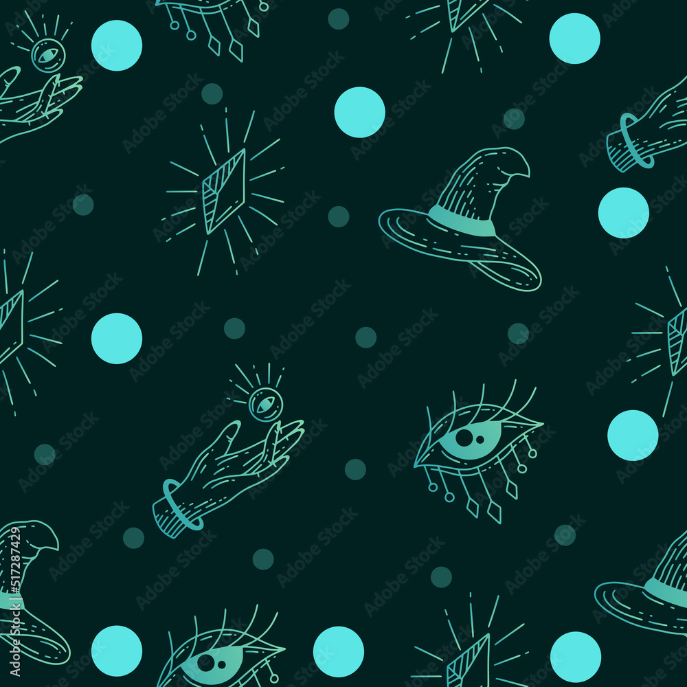 Set Seamless Pattern Greenish Blue Mystical Celestial Simple Minimalism Tattoo Symbol With Blue Circle Object Space Doodle Esoteric Elements Vintage Illustration Tosca.