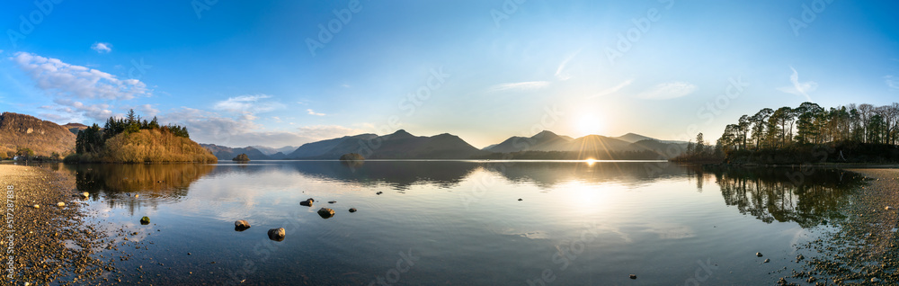 Derwentwater lake sunset  panorama in Lake District. England