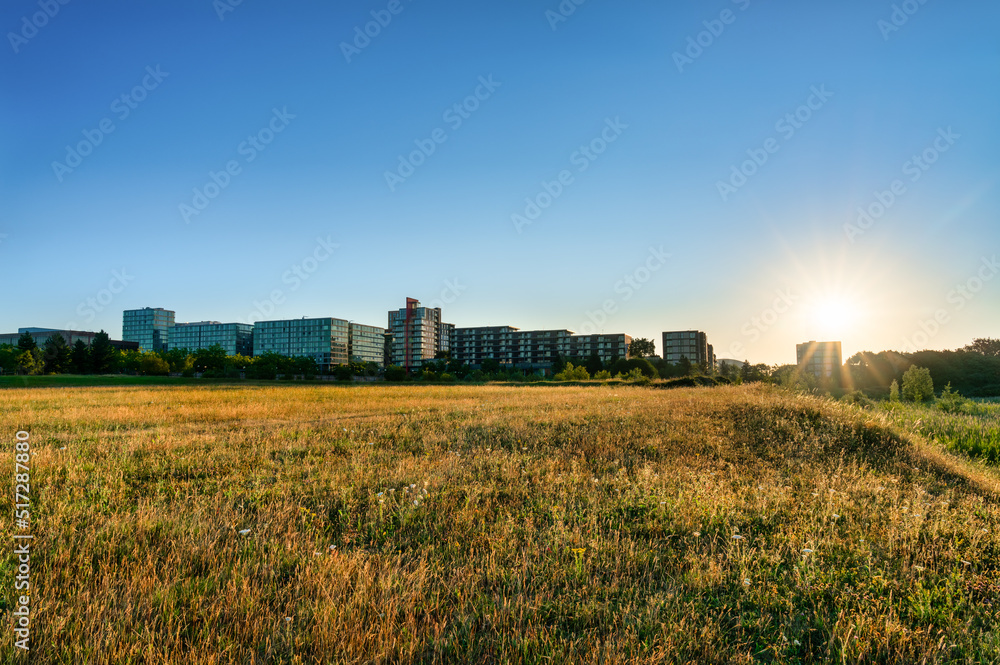 Fototapeta premium Milton Keynes city skyline panorama at sunrise. England