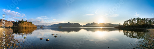 Derwentwater lake sunset panorama in Lake District. England