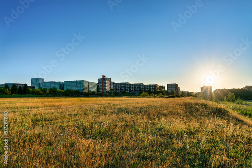 Milton Keynes city skyline panorama at sunrise. England