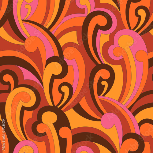 Vector nostalgic retro 60s groovy print. Vintage abstract background. Hippie psychedelic seamless pattern. Textile and surface design with old fashioned hand drawn naive geometric print