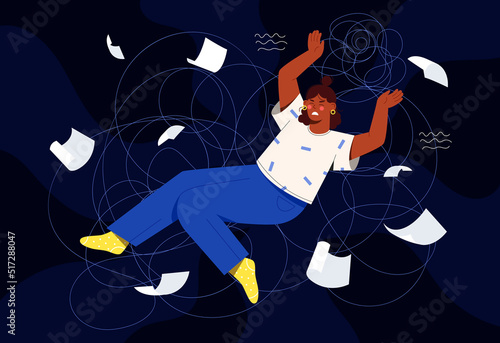 Depression and psychological disorder. Frustrated woman drowning in stress, negative emotions and confused thoughts. Defenseless girl suffers from mental problems. Cartoon flat vector illustration