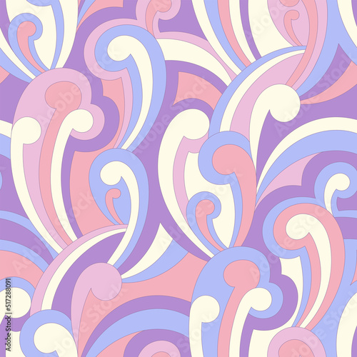 Vector nostalgic retro 60s groovy print. Vintage abstract background. Hippie psychedelic seamless pattern. Textile and surface design with old fashioned hand drawn naive geometric print