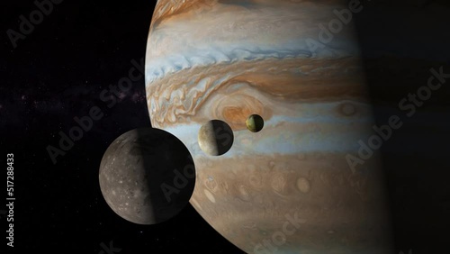 Three moons of Jovian system. Jupiter's moons. Io, Europa and Ganymede passing in front of Jupiter. Photo realistic 3D CGI render. [ProRes - UHD 4K] photo