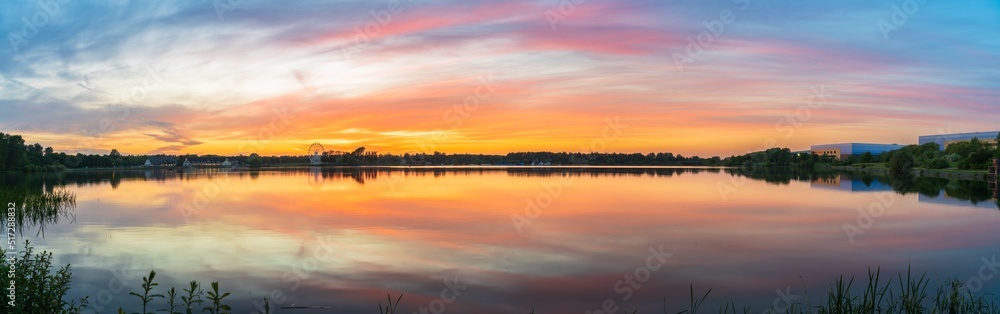 Willen Lake south bay sunset panorama in Milton Keynes. England