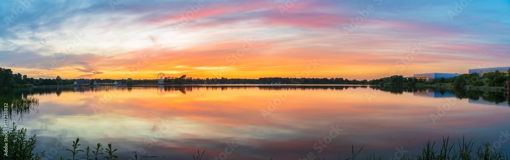 Willen Lake south bay sunset panorama in Milton Keynes. England Willen Lake south bay sunset panorama in Milton Keynes. England