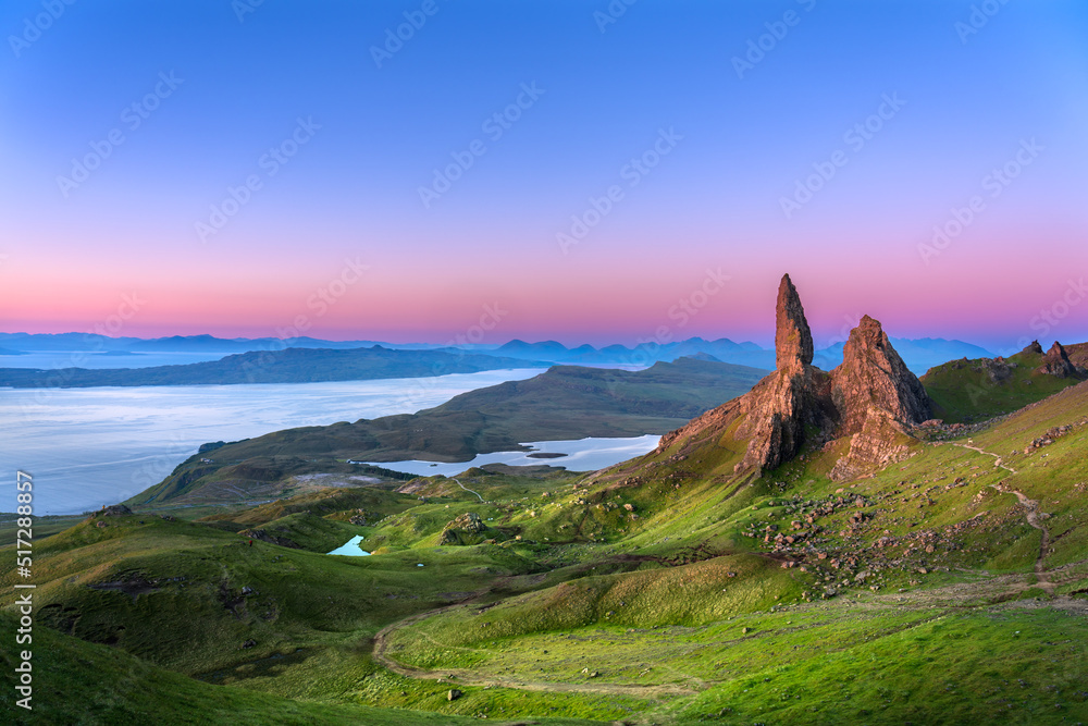 Old Man of Storr rock formation at sunrise on Isle of Skye, Scotland