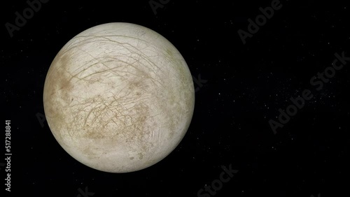 Jupiter's moon Europa with text space on the right. Ultra realistic 3D Europa and stars. Europa from space. 3D CGI render. [ProRes - UHD 4K]