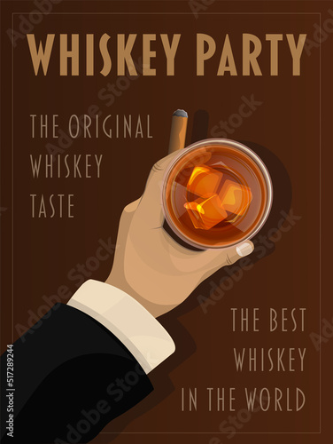 Poster with a glass of whiskey in hand. Vector whisky vintage promo poster. Vintage gentlemen club advertising template with male hand holding a glass of whiskey and ice cubes vector illustration