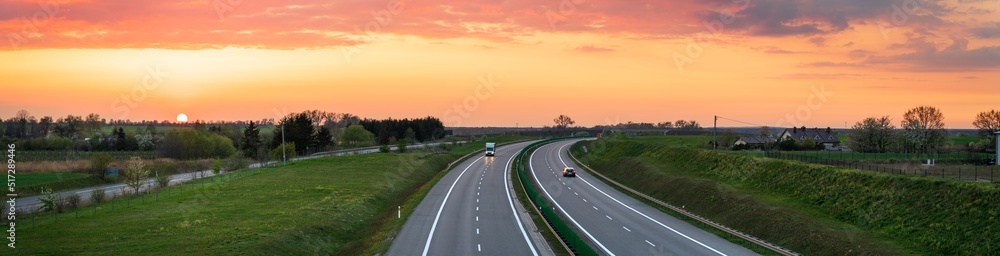 Expressway S3 road panorama at sunset in Poland