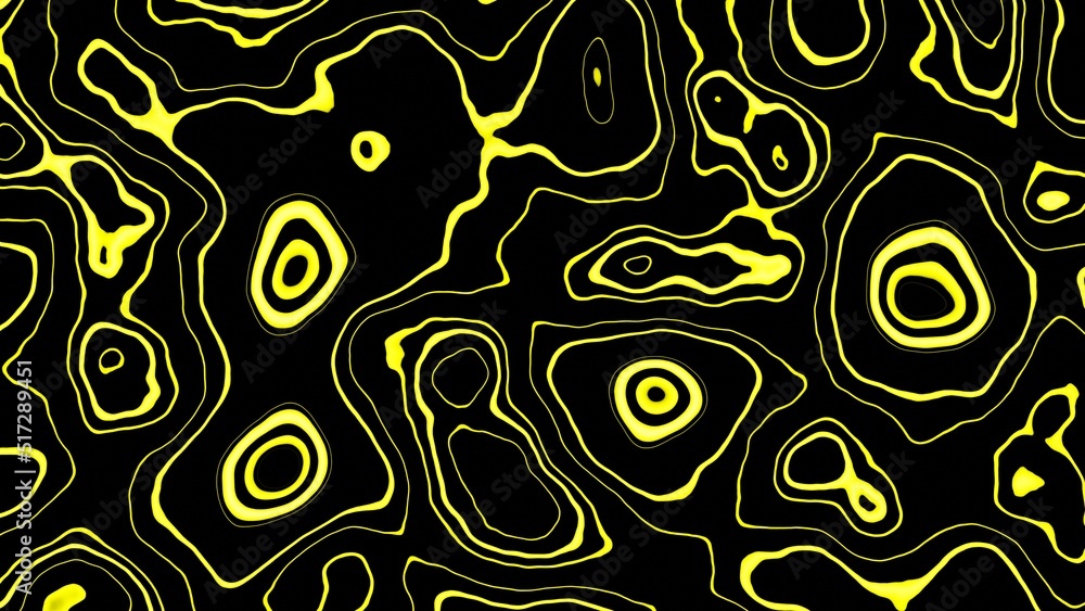 Fototapeta premium 3D rendering. Pattern of yellow wavy lines on a black background creating a neon effect. A modern background for layouts, covers, templates and more. Liquid texture with lines.
