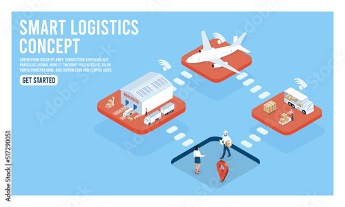 Smart Global logistic service isometric concept with export, import, warehouse business and transport. Vector illustration EPS 10