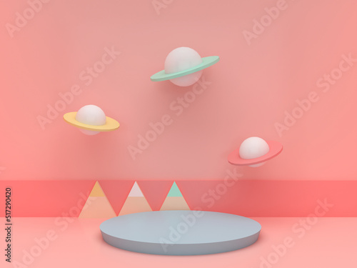 Step stage podium with colorful saturns on pastel pink background. Pedestal for kid product presentation. Geometric 3D render photo