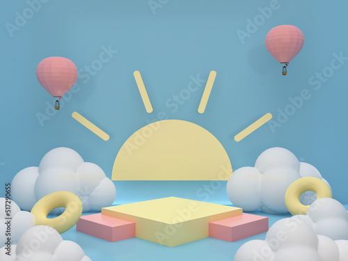 Step stage podiums with clouds and shining sun on blue background. Pedestal for kid product presentation. Geometric 3D render photo