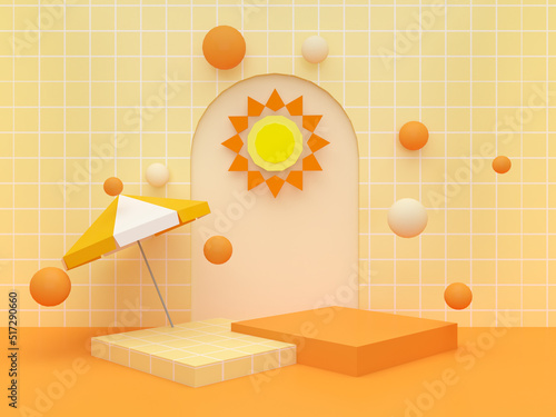 Sunny theme podiums with sun on yellow background for kid product presentation. Geometric 3D render. photo