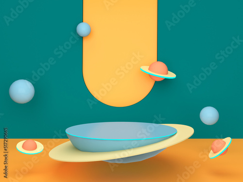 Space and planet theme podium on green and yellow background for kid product presentation. Geometric 3D render. photo