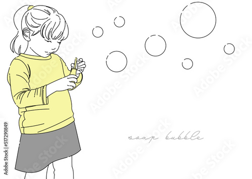 シンプルな線画シャボン玉遊びをする子供