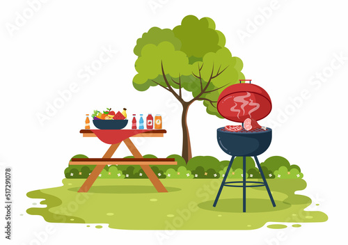 BBQ or Barbecue with Steaks on Grill, Toaster, Plates, Sausage, Chicken and Vegetables in Flat Background Cartoon Illustration