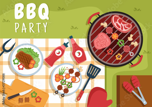 BBQ or Barbecue with Steaks on Grill, Toaster, Plates, Sausage, Chicken and Vegetables in Flat Background Cartoon Illustration