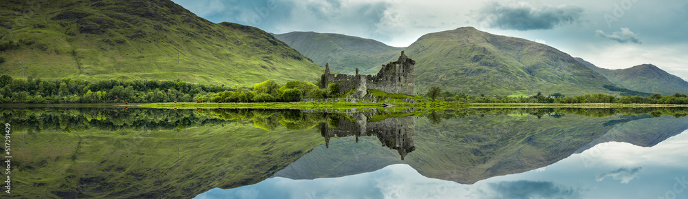 Panorama of The ruins of Kilchurn castle on Loch Awe, the longest fresh water loch in Scotland