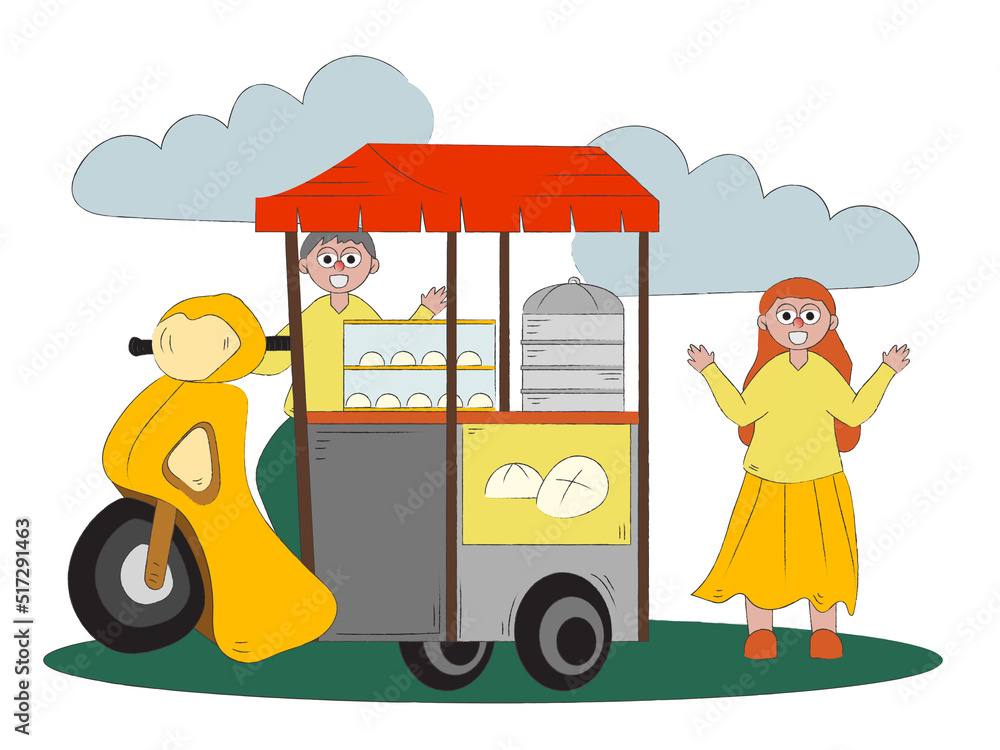 Hand drawn street food vender concept. Steamed bun sidecar flat vector ...