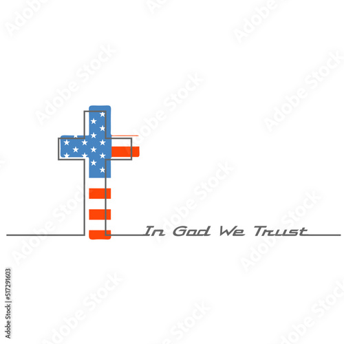 Christian cross with USA national flag texture. Religion concept illustration. In God we trust text. Thin line style