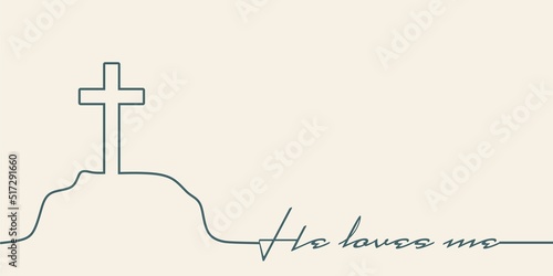 Christianity concept illustration. Cross and he loves me phrase. Thin line style