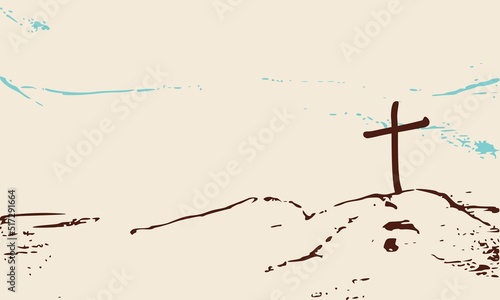 Christian cross on Golgotha mountain. Religion concept illustration. Jesus Christ Crucifixion.