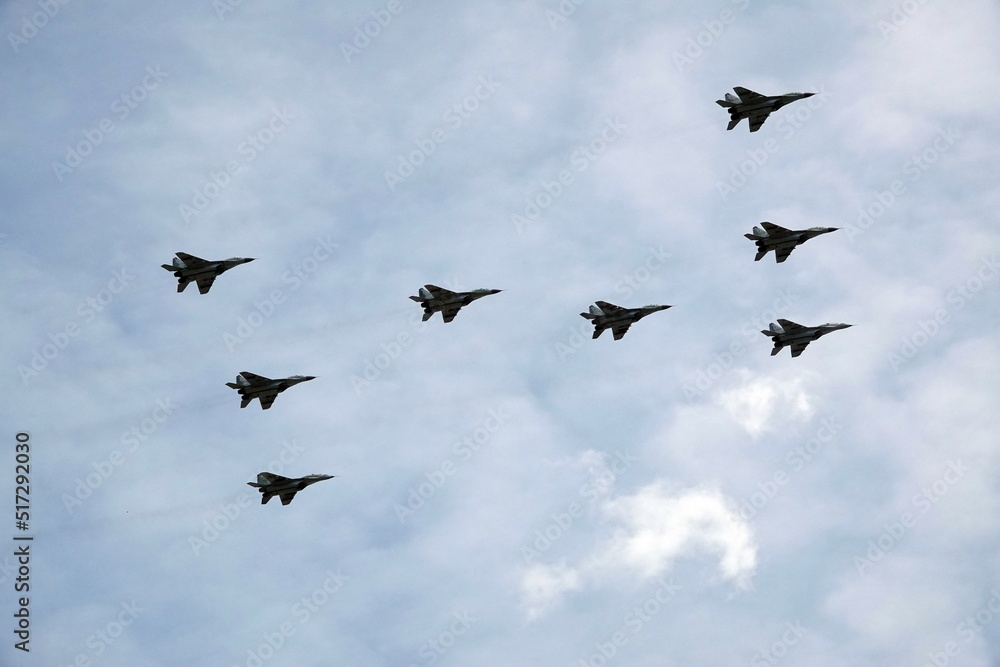 MIG-29SMT fighters fly in the sky over Red Square during the dress rehearsal of the parade dedicated to the 77th anniversary of Victory in the Great Patriotic War   