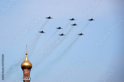 MIG-29SMT fighters fly in the sky over Red Square during the dress rehearsal of the parade dedicated to the 77th anniversary of Victory in the Great Patriotic War 