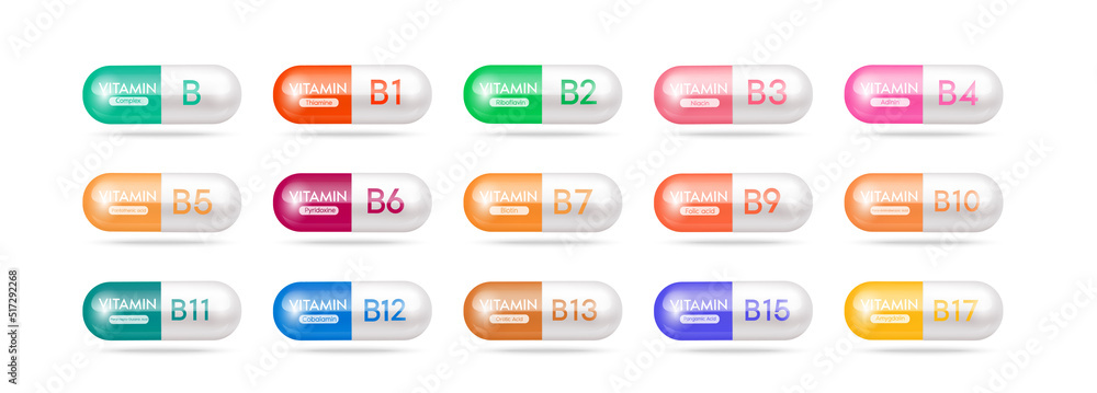 Vitamin B medicine capsule set. Dietary supplement health neutralize free radicals. Anti aging beauty enhancement concept and health care medical. Vitamins 3D isolated on white background. Vitamin B medicine capsule set. Dietary supplement health neutralize free radicals. Anti aging beauty enhancement concept and health care medical. Vitamins 3D isolated on white background.