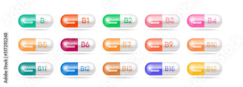 Vitamin B medicine capsule set. Dietary supplement health neutralize free radicals. Anti aging beauty enhancement concept and health care medical. Vitamins 3D isolated on white background. 