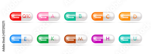 Vitamin medicine capsule set. Dietary supplement health neutralize free radicals. Anti aging beauty enhancement concept and health care medical. Vitamins 3D isolated on white background. 