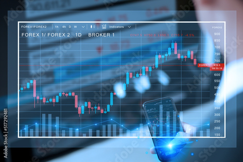 businesmen putting an position on futures crypto market, on the smartphone, watching tv, double exposure candlestick chart on the screen, Business concept