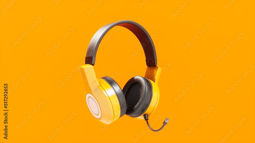 Orange headphones isolated in orange background, 3D representation, 8k, music metaphor, listen to music. Orange headphones isolated in orange background, 3D representation, 8k, music metaphor, listen to music.