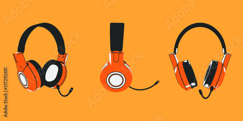 Orange headphones isolated in orange background, vector illustration, several icons